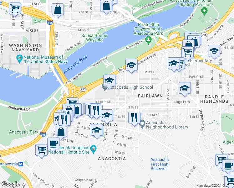 map of restaurants, bars, coffee shops, grocery stores, and more near 1638 16th Street Southeast in Washington