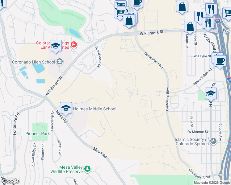 map of restaurants, bars, coffee shops, grocery stores, and more near Mesa Valley Trail in Colorado Springs
