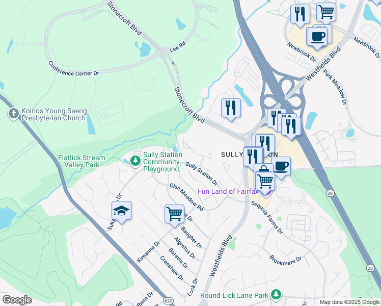 map of restaurants, bars, coffee shops, grocery stores, and more near 14549 Creek Branch Court in Centreville