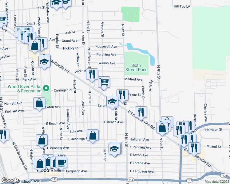 map of restaurants, bars, coffee shops, grocery stores, and more near 395 East Edwardsville Road in Wood River