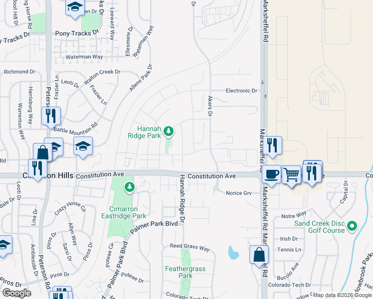 map of restaurants, bars, coffee shops, grocery stores, and more near 2515 Hannah Ridge Drive in Colorado Springs