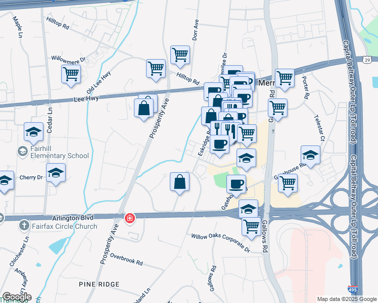 map of restaurants, bars, coffee shops, grocery stores, and more near 8388 Merrifield Cinema Drive in Fairfax