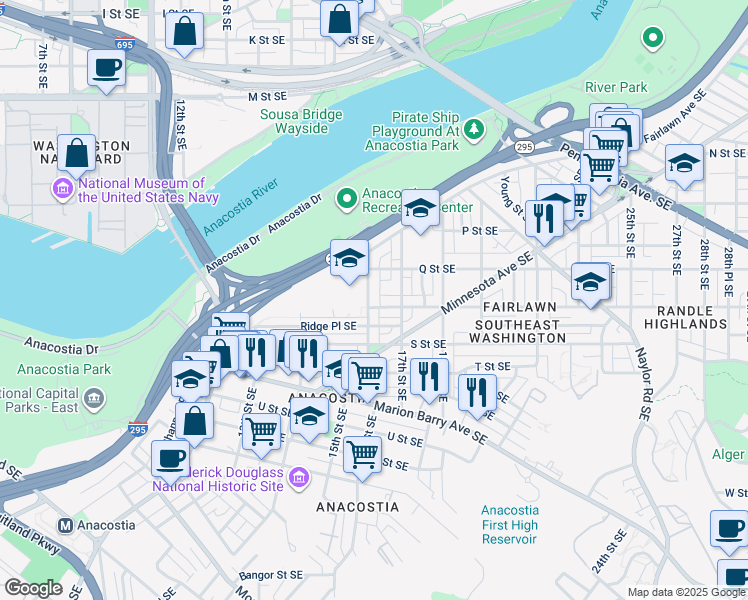 map of restaurants, bars, coffee shops, grocery stores, and more near 1638 16th Street Southeast in Washington