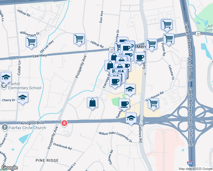 map of restaurants, bars, coffee shops, grocery stores, and more near 2989 Eskridge Road in Fairfax