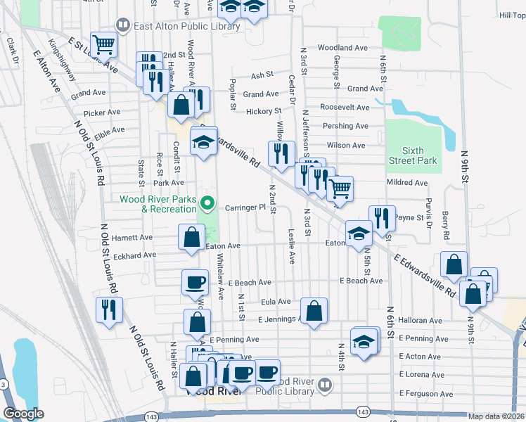 map of restaurants, bars, coffee shops, grocery stores, and more near 660 North 2nd Street in Wood River