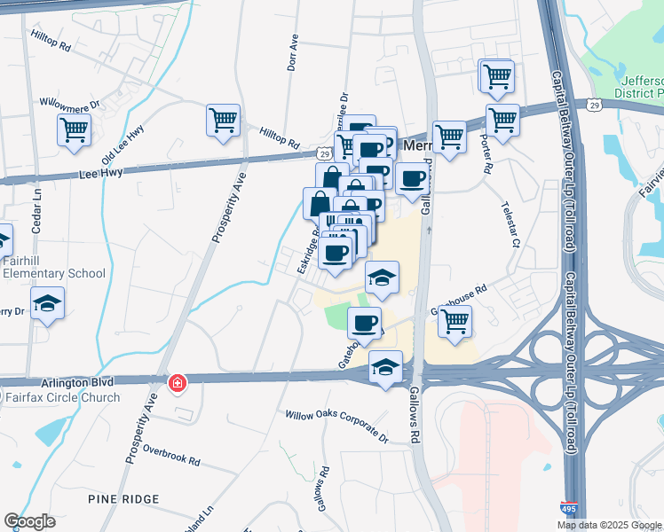 map of restaurants, bars, coffee shops, grocery stores, and more near 2989 District Avenue in Fairfax