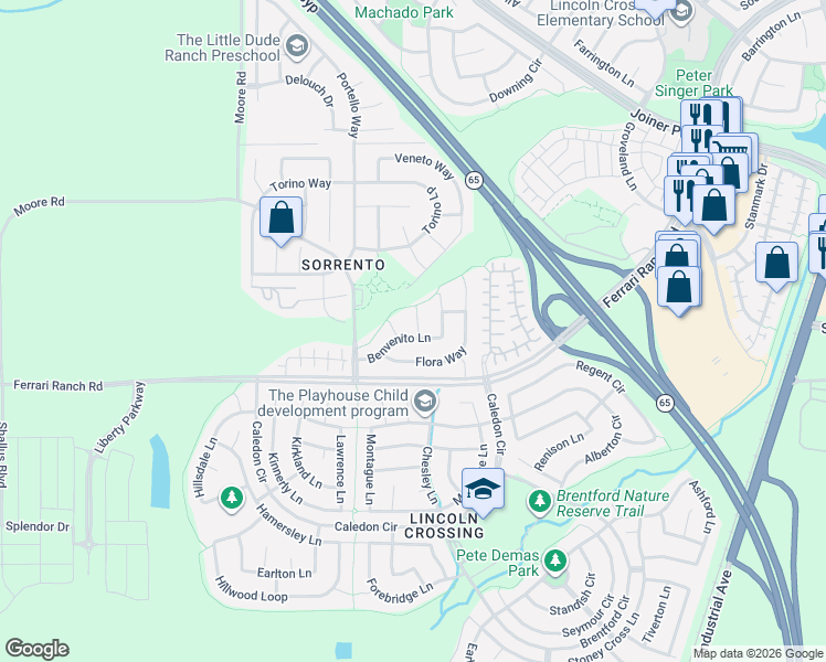 map of restaurants, bars, coffee shops, grocery stores, and more near 1641 Benvenito Lane in Lincoln