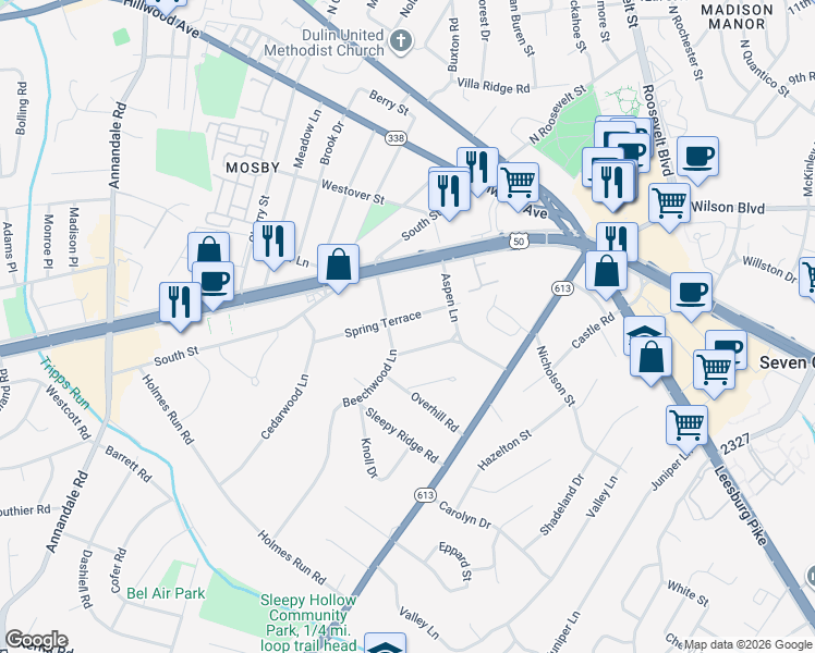 map of restaurants, bars, coffee shops, grocery stores, and more near 6437 Spring Terrace in Falls Church