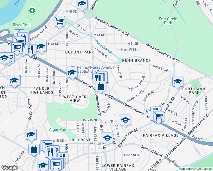 map of restaurants, bars, coffee shops, grocery stores, and more near 3267 O Street Southeast in Washington
