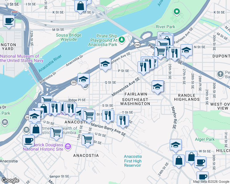 map of restaurants, bars, coffee shops, grocery stores, and more near 1800 Minnesota Avenue Southeast in Washington