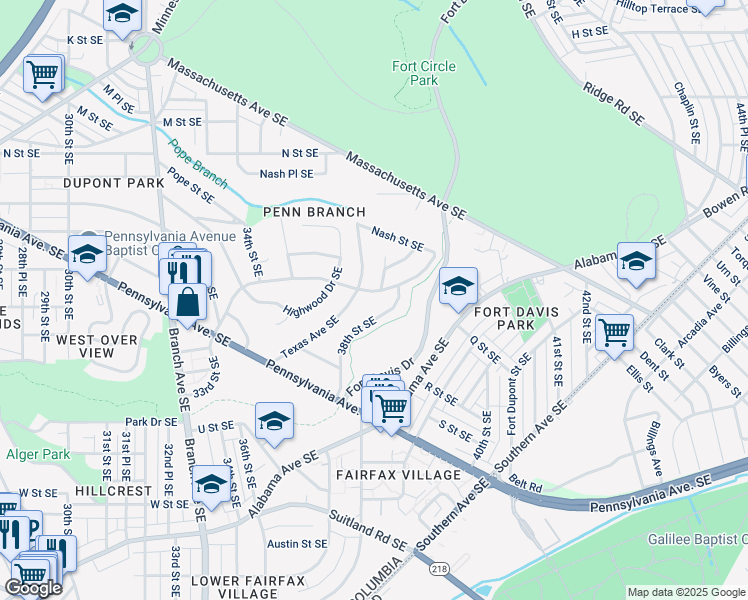 map of restaurants, bars, coffee shops, grocery stores, and more near 3705 Carpenter Street Southeast in Washington