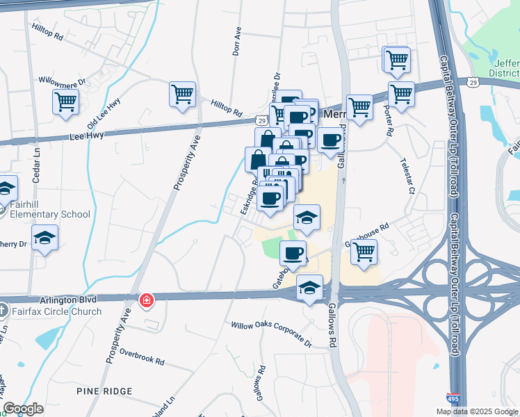 map of restaurants, bars, coffee shops, grocery stores, and more near 2999 District Avenue in Fairfax