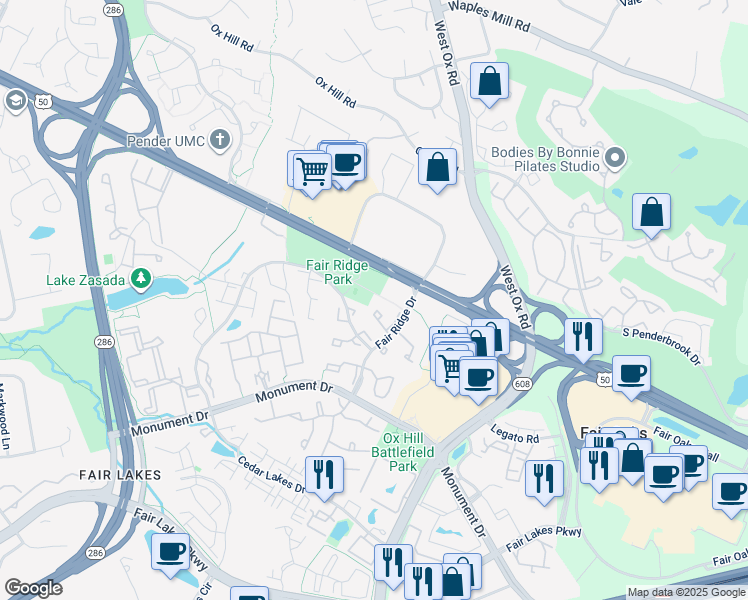 map of restaurants, bars, coffee shops, grocery stores, and more near 12334 Quiet Hollow Court in Fairfax