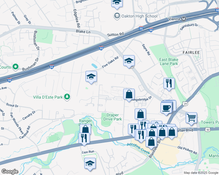 map of restaurants, bars, coffee shops, grocery stores, and more near 9745 Kings Crown Court in Fairfax