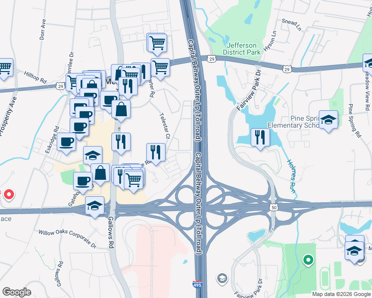 map of restaurants, bars, coffee shops, grocery stores, and more near 2906 Pershing Place in Falls Church