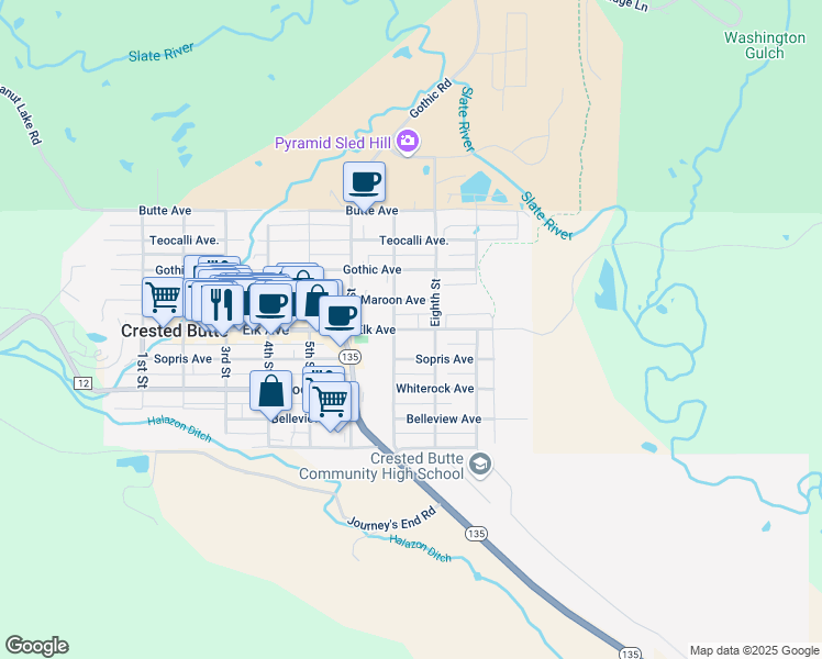 map of restaurants, bars, coffee shops, grocery stores, and more near 716 Elk Avenue in Crested Butte