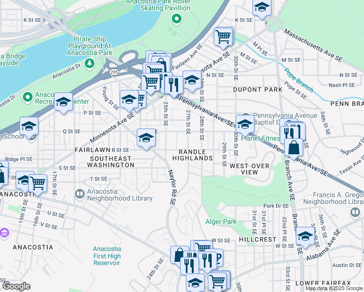 map of restaurants, bars, coffee shops, grocery stores, and more near 2624 R Street Southeast in Washington
