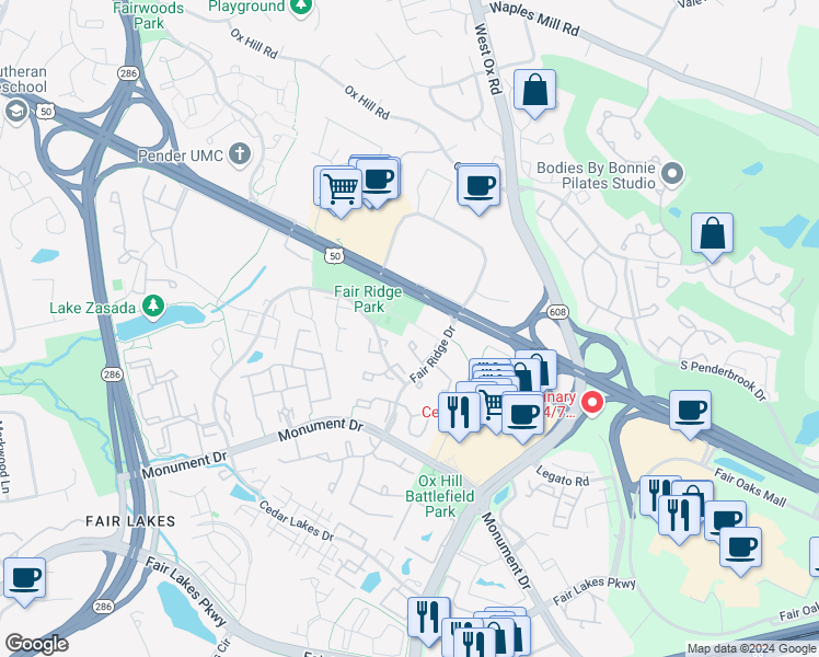 map of restaurants, bars, coffee shops, grocery stores, and more near 12334 Quiet Hollow Court in Fairfax