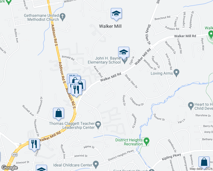 map of restaurants, bars, coffee shops, grocery stores, and more near 6771 Milltown Court in District Heights