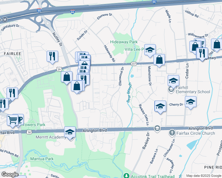 map of restaurants, bars, coffee shops, grocery stores, and more near 9029 Piney Grove Drive in Fairfax
