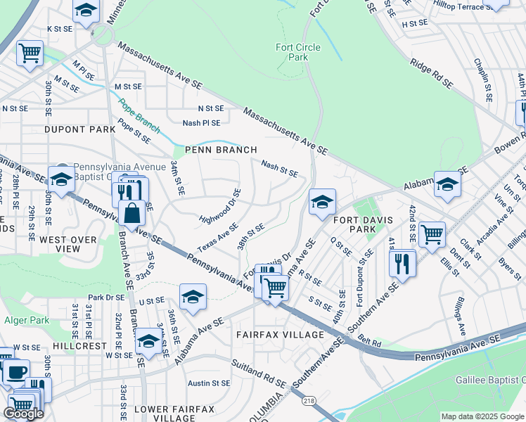 map of restaurants, bars, coffee shops, grocery stores, and more near 3705 Carpenter Street Southeast in Washington