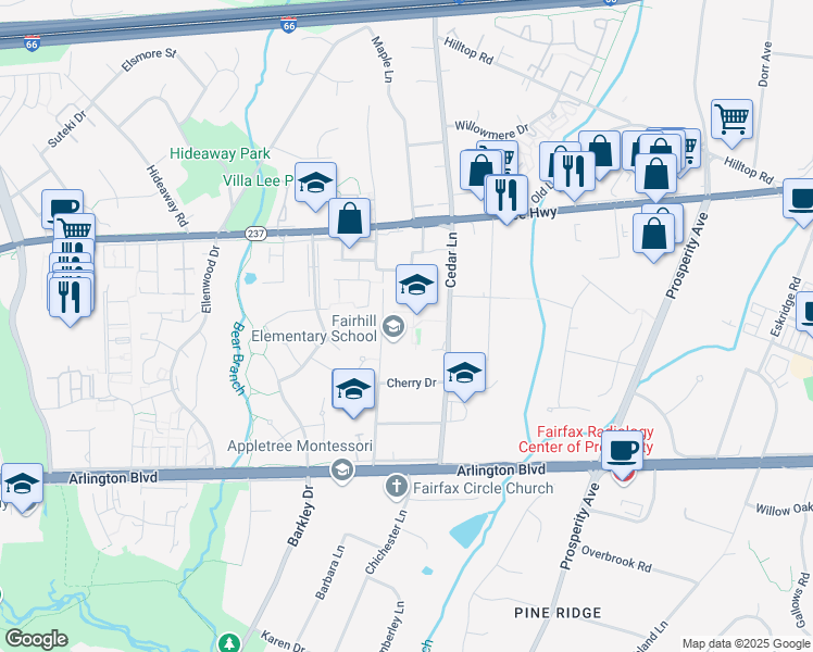 map of restaurants, bars, coffee shops, grocery stores, and more near 3001 Chichester Lane in Fairfax