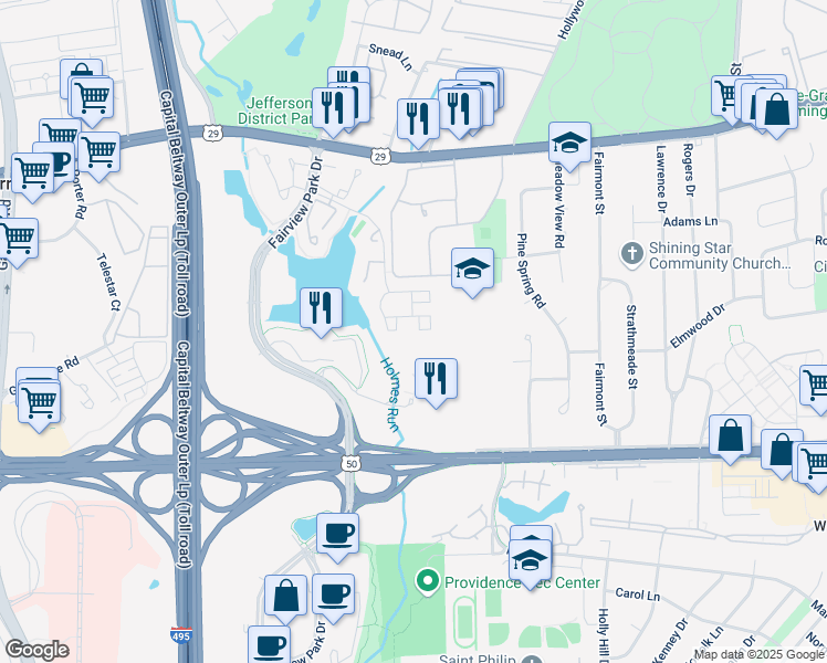 map of restaurants, bars, coffee shops, grocery stores, and more near 7729 Inversham Drive in Falls Church