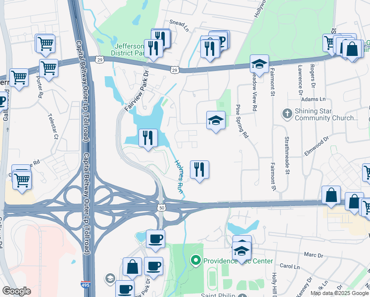 map of restaurants, bars, coffee shops, grocery stores, and more near 7739 Inversham Drive in Falls Church
