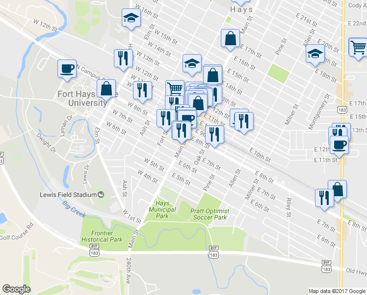 map of restaurants, bars, coffee shops, grocery stores, and more near 104 E 7th St in Hays