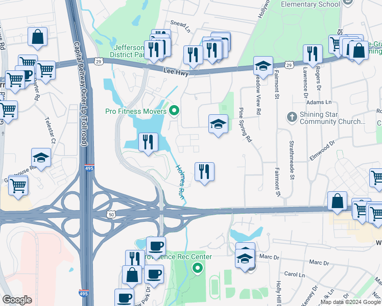map of restaurants, bars, coffee shops, grocery stores, and more near 7729 Inversham Drive in Falls Church