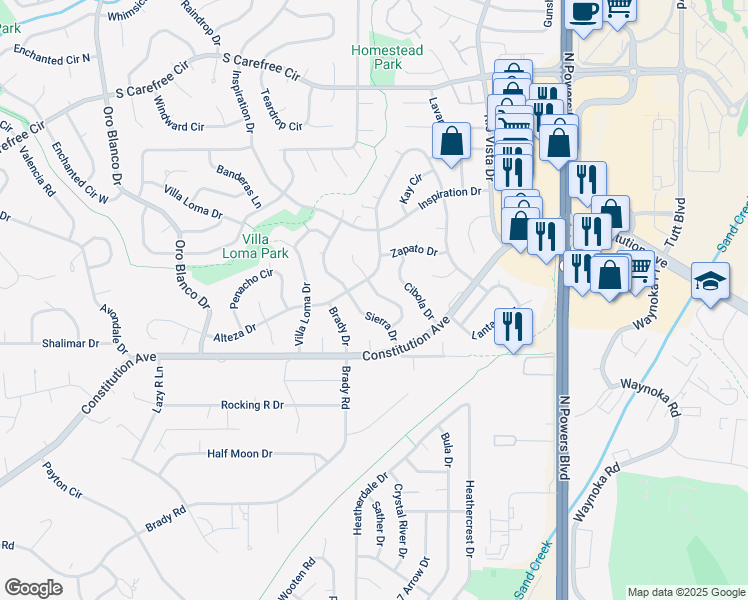 map of restaurants, bars, coffee shops, grocery stores, and more near 2555 Sierra Drive in Colorado Springs