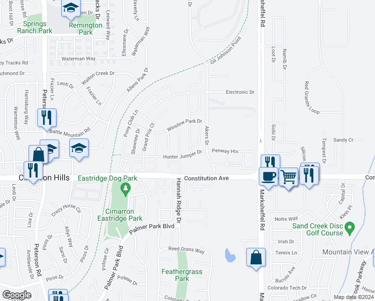 map of restaurants, bars, coffee shops, grocery stores, and more near 2516 Equine Court in Colorado Springs