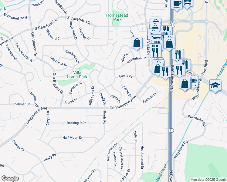 map of restaurants, bars, coffee shops, grocery stores, and more near 2555 Sierra Drive in Colorado Springs