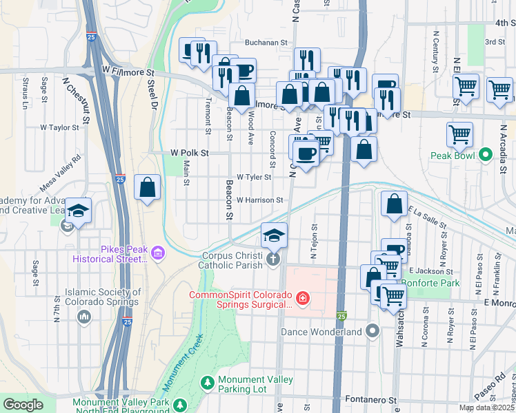 map of restaurants, bars, coffee shops, grocery stores, and more near 2516 Concord Street in Colorado Springs