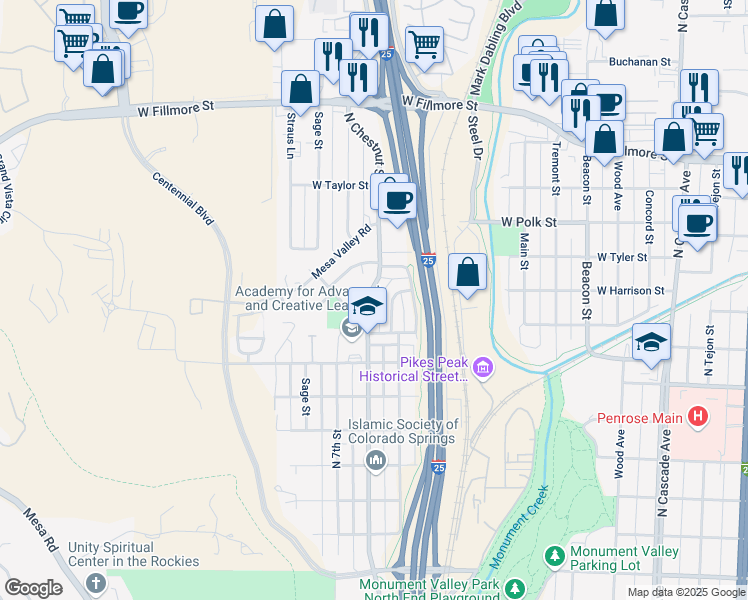 map of restaurants, bars, coffee shops, grocery stores, and more near 2617 North Chestnut Street in Colorado Springs