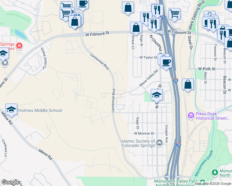 map of restaurants, bars, coffee shops, grocery stores, and more near 784 Sioux Valley Grove in Colorado Springs