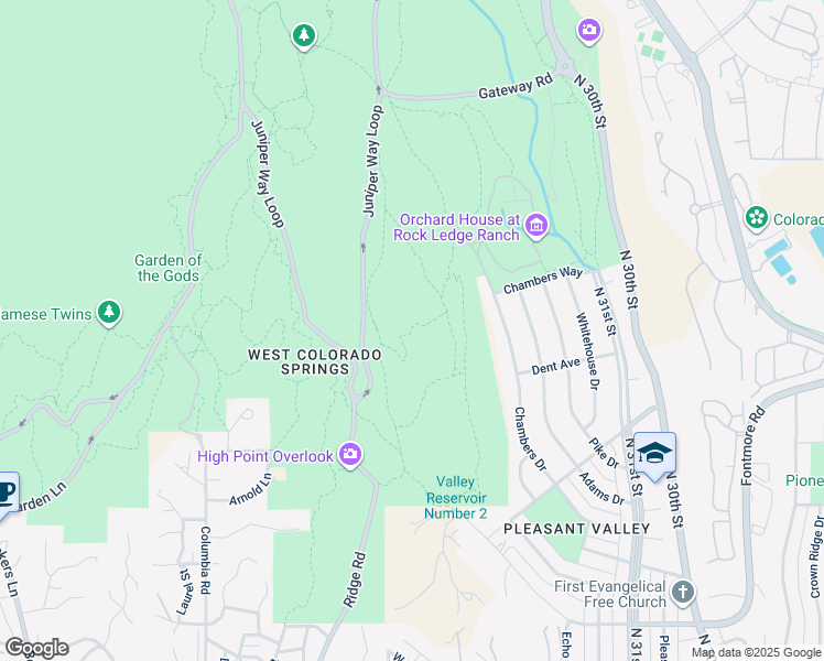 map of restaurants, bars, coffee shops, grocery stores, and more near 1325 Ridge Road in Colorado Springs