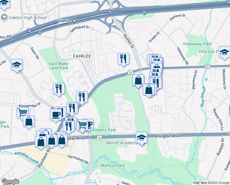 map of restaurants, bars, coffee shops, grocery stores, and more near 9271 Wood Violet Court in Fairfax