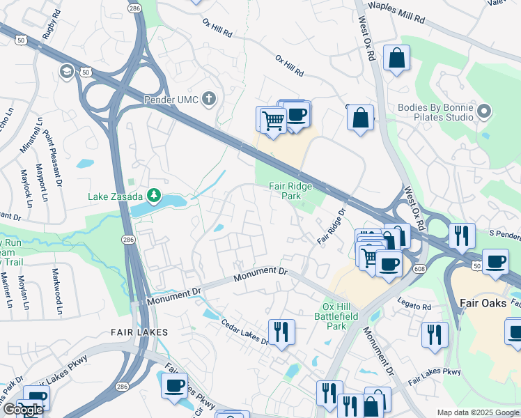 map of restaurants, bars, coffee shops, grocery stores, and more near 4027 Quiet Creek Drive in Fairfax
