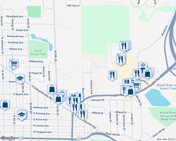 map of restaurants, bars, coffee shops, grocery stores, and more near 1332 Virginia Avenue in Wood River