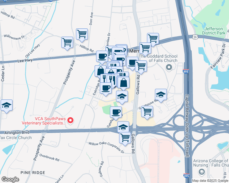 map of restaurants, bars, coffee shops, grocery stores, and more near 8223 Lee Highway in Fairfax