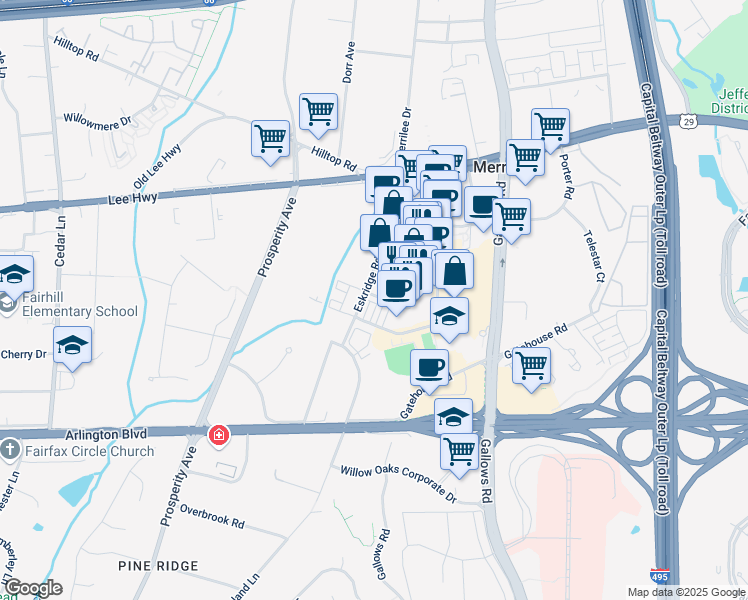 map of restaurants, bars, coffee shops, grocery stores, and more near 3003 District Avenue in Fairfax