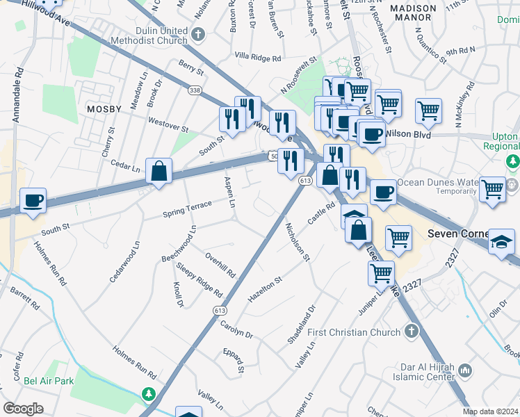 map of restaurants, bars, coffee shops, grocery stores, and more near 6328 Crooked Oak Lane in Falls Church