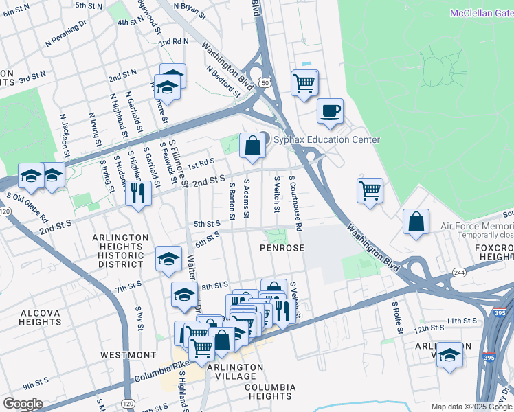 map of restaurants, bars, coffee shops, grocery stores, and more near 408 South Wayne Street in Arlington