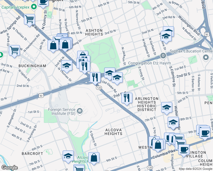 map of restaurants, bars, coffee shops, grocery stores, and more near 26 South Old Glebe Road in Arlington