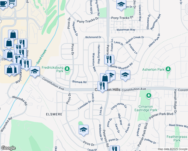 map of restaurants, bars, coffee shops, grocery stores, and more near 2620 Warrenton Way in Colorado Springs