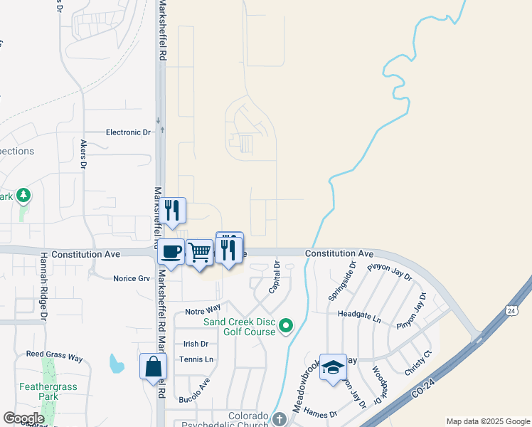 map of restaurants, bars, coffee shops, grocery stores, and more near 2499 Tempest Drive in Colorado Springs