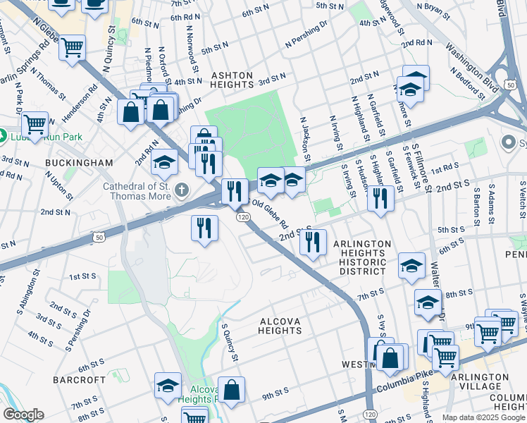 map of restaurants, bars, coffee shops, grocery stores, and more near 26 South Old Glebe Road in Arlington