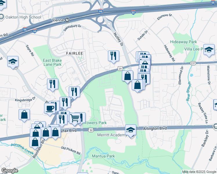 map of restaurants, bars, coffee shops, grocery stores, and more near 9261 Wood Violet Court in Fairfax