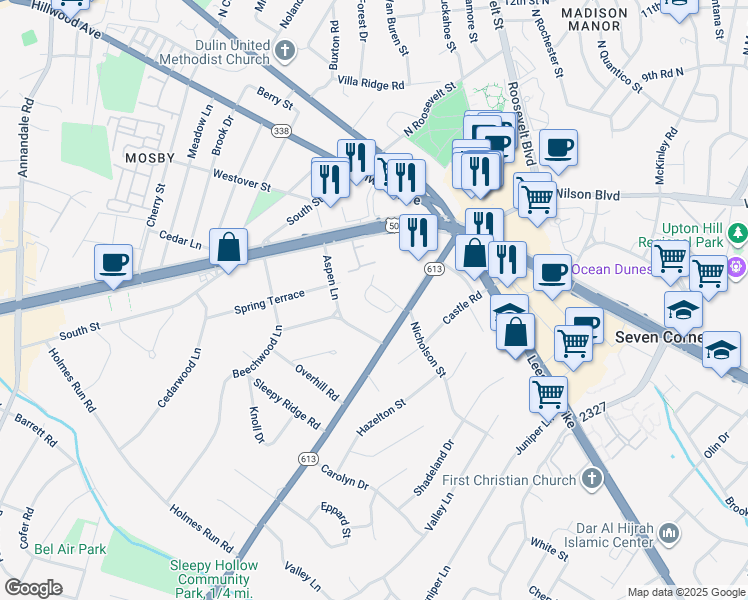 map of restaurants, bars, coffee shops, grocery stores, and more near 6328 Crooked Oak Lane in Falls Church
